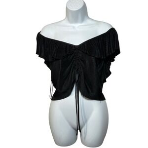 Zara Black Plisse Pleated Off Shoulder Ruffle Drawstring Crop Top Large